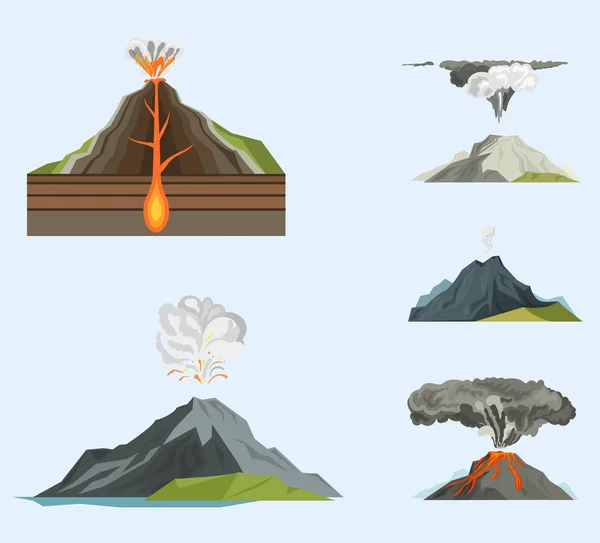 Vulcano magma natura che esplode con fumo eruzione vulcanica lava montagna vettore illustrazione — Vettoriale Stock