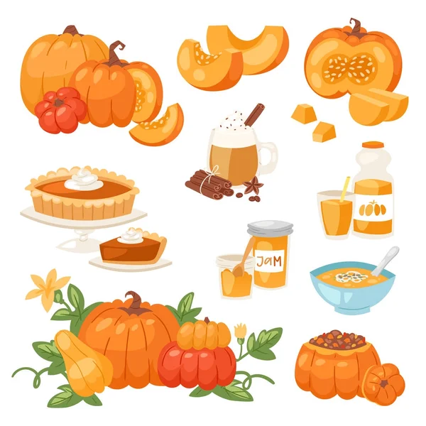 Soupe vectorielle de nourriture de citrouille, gâteau, repas de tarte bio saine nourriture d'automne délicieuse saison de récolte illustration de citrouille — Image vectorielle