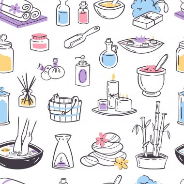 Spa Masaj vektör simgeler terapi kozmetik tedavileri güzellik masaj rahatlama bitkisel elle çizilmiş doğal spa aroma terapi sağlık Dikişsiz desen arka plan