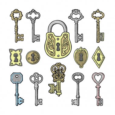 Vektör anahtar vintage eski kroki retro kilit çizim antika kilit taşı açık kapı anahtar deliği güvenlik gizli Victoria tasarım sembolleri beyaz arka plan üzerinde izole kilit