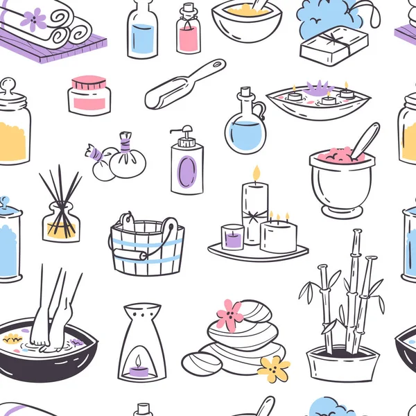 Spa Masaj vektör simgeler terapi kozmetik tedavileri güzellik masaj rahatlama bitkisel elle çizilmiş doğal spa aroma terapi sağlık Dikişsiz desen arka plan