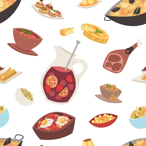 Spanyolország konyha vektor élelmiszer konyha hagyományos étel recept spanyol snack tapas ropogós kenyér élelmiszer gasztronómia illusztráció varrat nélküli mintát háttér — Stock Vector