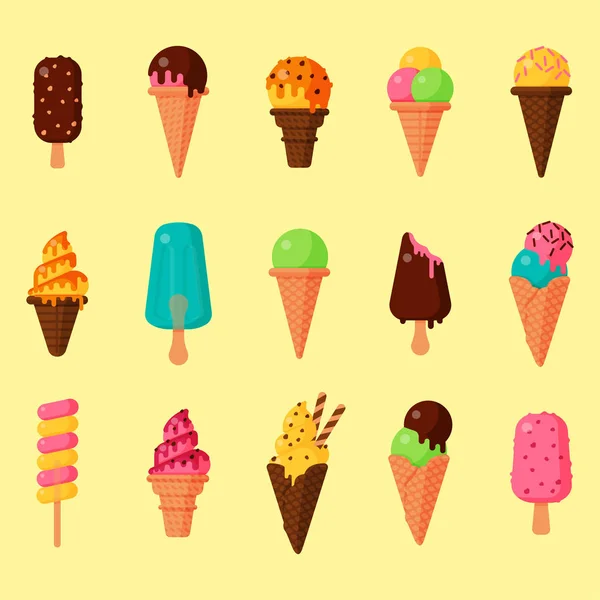 Słodki kreskówka zestaw zimne Lody i smaczne lody mrożone kolekcji wektor pyszne kolorowe desery — Wektor stockowy