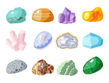 Yarı değerli taşlar taşlar ve mineral taş zar renkli parlak kristal vektör illüstrasyon izole