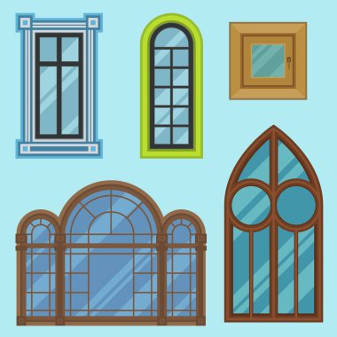 Farklı türleri windows öğeleri düz stil kare inşaat dekorasyon daire vektör çizim ev.