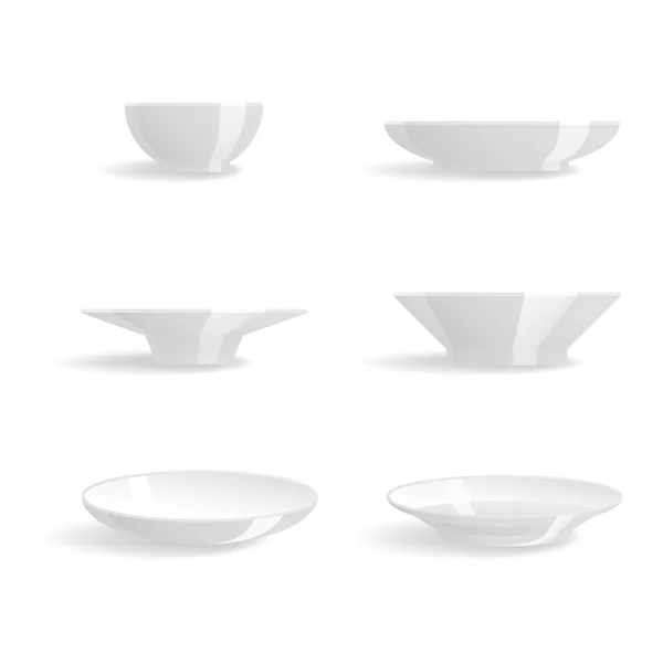 Пустые белые тарелки установить изолированные векторные иллюстрации шаблоны ужин дизайн холостой чистой посуды — стоковый вектор