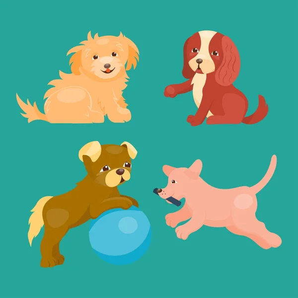 Vector ilustración lindo jugando perros personajes divertido pura raza cachorro cómico mamífero feliz crianza — Vector de stock