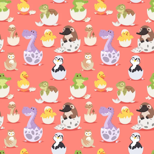 Cute new born animals in eggs easter seamless pattern background — Stock Vector