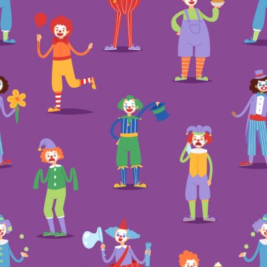 Çizgi film palyaço karakteri komik sirk adam saçmalıklarının renkli dostu kostüm erkek görünüşlü sanatçı vektör çizim Dikişsiz desen arka plan