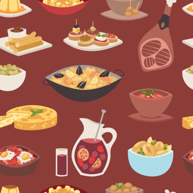 İspanya mutfağı vektör yiyecek aşçılık geleneksel yemeği tarifi İspanyol aperatif tapas ekmek yiyecek Gastronomi illüstrasyon Dikişsiz desen arka plan