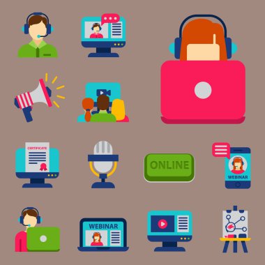 Düz tasarım simgeler online eğitim personeli kitapçıda bilgi öğrenme uzak eğitim illüstrasyon vektör