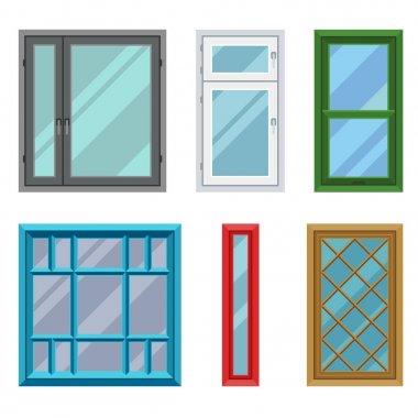 Farklı türleri windows öğeleri düz stil kare inşaat dekorasyon daire vektör çizim ev.