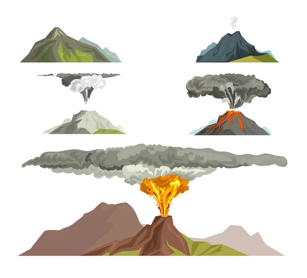 Vulcano magma natura che esplode con fumo eruzione vulcanica lava montagna vettore illustrazione — Vettoriale Stock