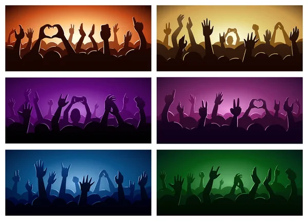 Party mänskliga händer silhouette musikfestival eller konsert strömmande ner uppifrån scenen fläkt zon vektorillustration — Stock vektor