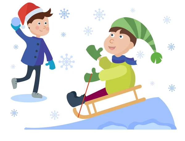 Noël luge enfants jouer à des jeux d'hiver dessin animé nouvel an hiver vacances fond vectoriel illustration . — Image vectorielle