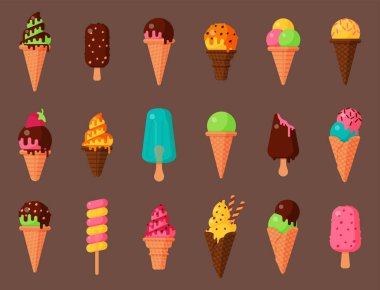 Vektör lezzetli renkli tatlılar tatlı karikatür soğuk dondurma seti ve lezzetli dondurulmuş dondurma koleksiyonu