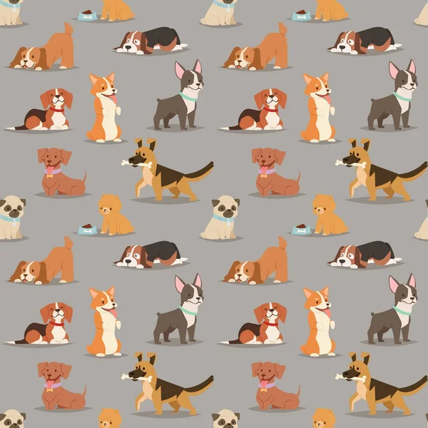 Différents chiens élèvent mignon chiot chiot buccin caractères fond de motif sans couture — Image vectorielle