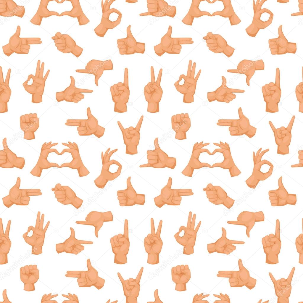 Seamless pattern with various hands gestures dumb background mute inarticulate unlanguaged vector illustration.