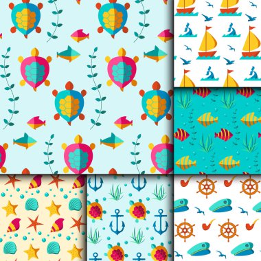 Sorunsuz vektör desen deniz unsurları ile deniz koleksiyonu kağıt deniz arka plan dalga