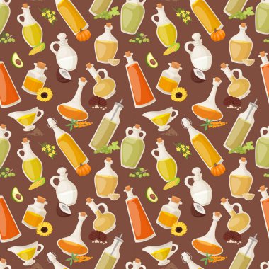 Farklı gıda petrol şişe sıvı doğal bakire organik sağlıklı konteyner vektör çizim Dikişsiz desen arka planda