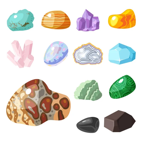 Piedras preciosas semi piedras preciosas y piedra mineral aislado dados colorido brillante vector cristalino ilustración — Vector de stock