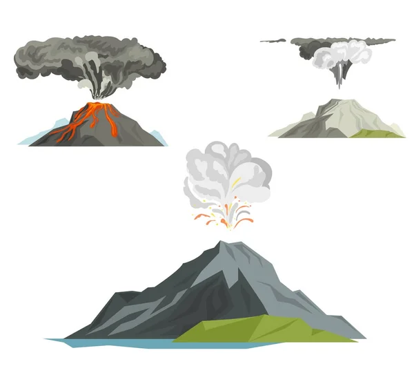 火山岩浆自然炸毁与烟雾火山喷发熔岩山矢量插图 — 图库矢量图片