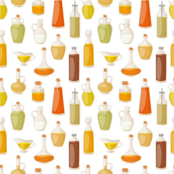 Diferentes aceites alimenticios en botellas líquido virgen natural orgánico contenedor saludable vector ilustración sin costuras patrón de fondo — Vector de stock