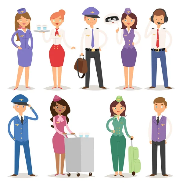 Vector Illustrazione aereo aereo personale piloti e hostess hostess hostess di volo persone comando — Vettoriale Stock