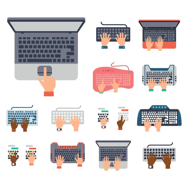 Los usuarios manos en el teclado y el ratón de la tecnología informática de Internet herramienta de mecanografía trabajo vector ilustración — Vector de stock