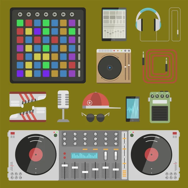 Hip hop accesorio músico instrumentos breakdance expresivo rap música dj vector ilustración . — Vector de stock