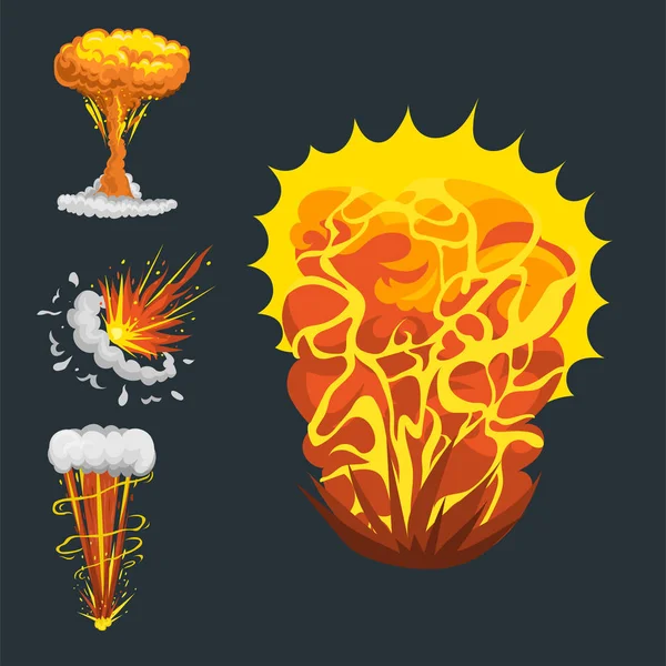 Explosión de dibujos animados efecto boom animación juego hoja de sprite explosión explosión explosión fuego cómico llama vector ilustración . — Vector de stock