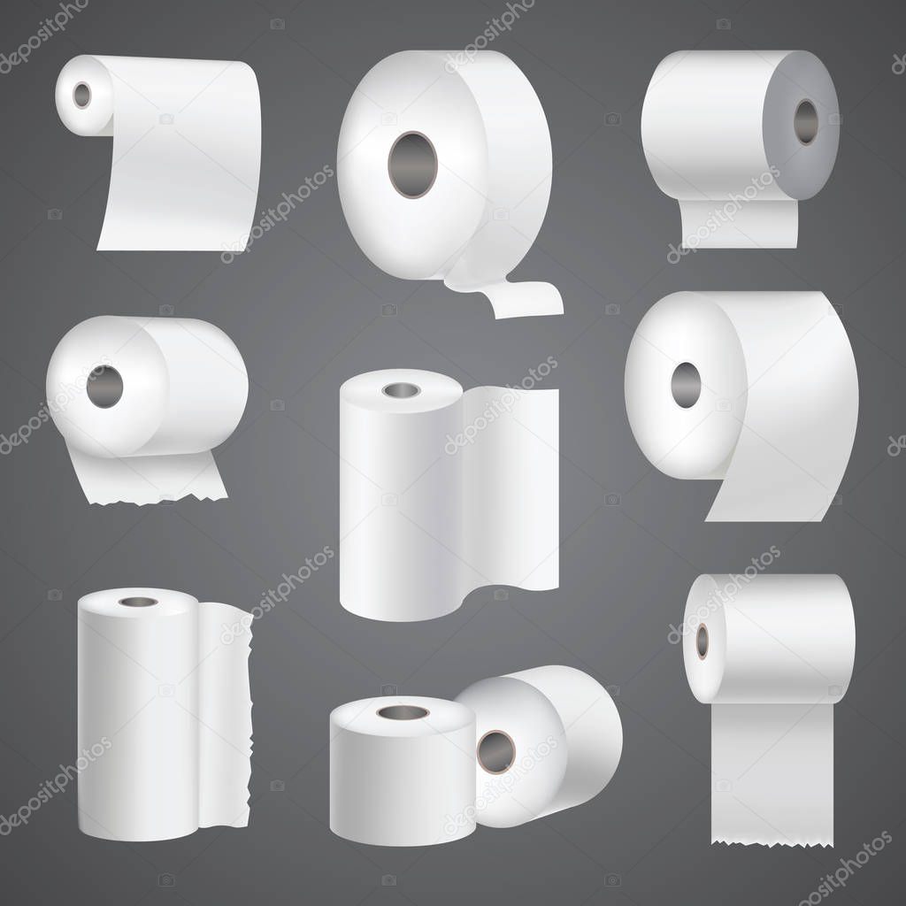 Realistic toilet paper roll mock up set isolated vector illustration blank white 3d packaging kitchen towel template