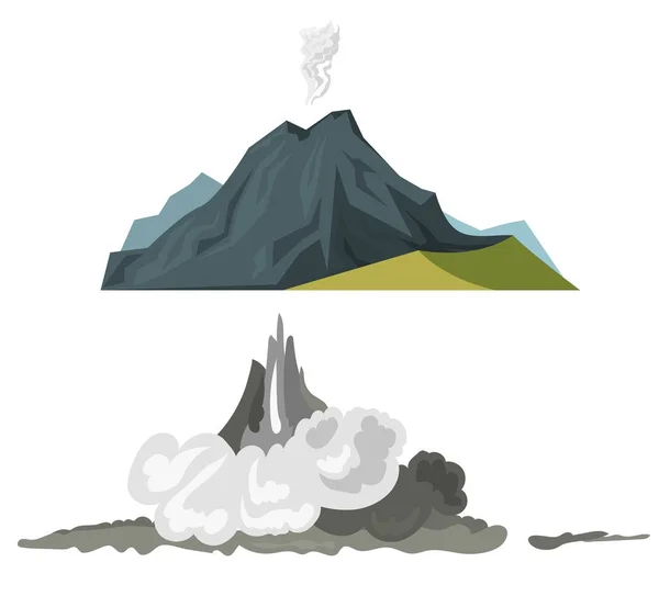 Volcán magma naturaleza soplando con humo erupción volcánica lava montaña vector ilustración — Vector de stock