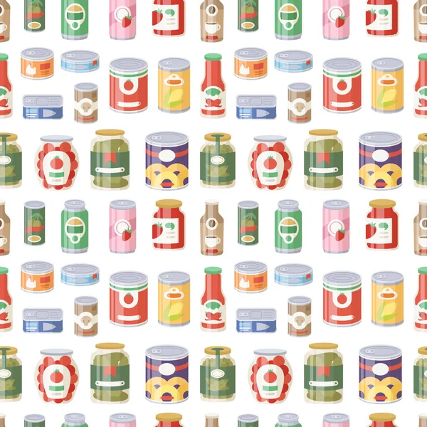 Collection of various tins canned goods food metal container product seamless pattern vector illustration. — Stock Vector