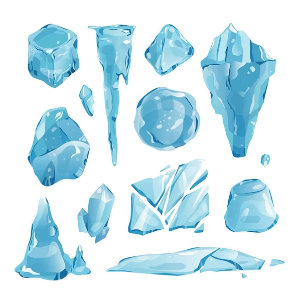 Reális jégsapkák snowdrifts és jégcsapok törött darab kis átalányösszeg hideg fagyasztott tömb kristály téli dekor vektoros illusztráció — Stock Vector