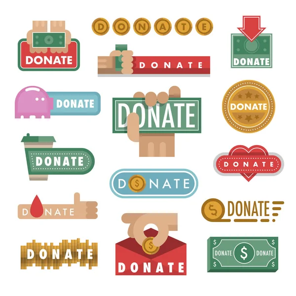 Donar botones vector ilustración ayuda icono donación contribución caridad filantropía manos símbolos y sitio web regalo apoyo . — Archivo Imágenes Vectoriales