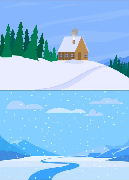 Paisaje de invierno con árbol de Navidad montaña naturaleza congelada papel pintado hermoso vector natural ilustración . — Vector de stock