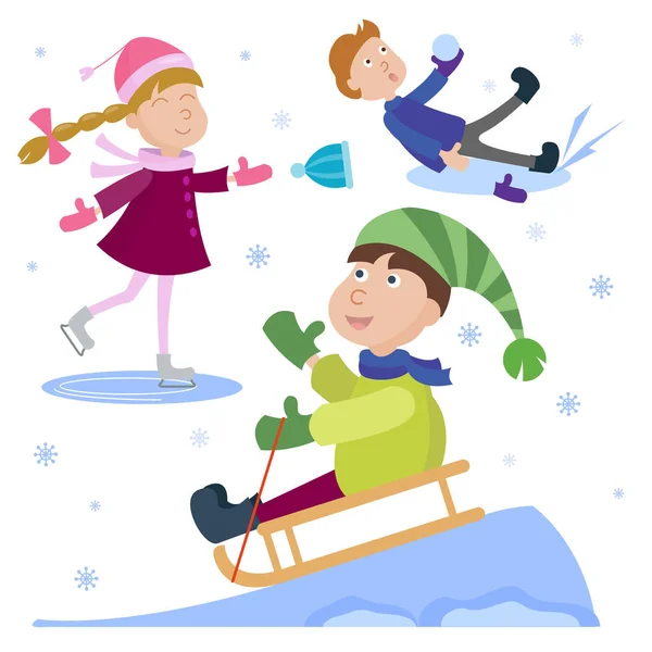 Christmas kids playing winter games cartoon new year winter holiday background vector illustration. — Stock Vector