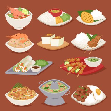 Geleneksel Tay gıda Asya plaka mutfağı Tayland deniz ürünleri karides yemek lezzetli vektör çizim.