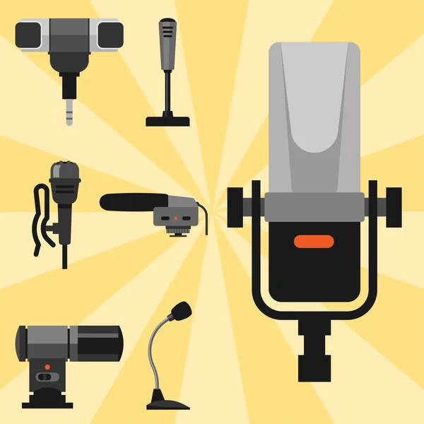 Verschillende microfoons typen pictogrammen journalist vector interview muziek uitzenden vocale hulpprogramma tv hulpprogramma. — Stockvector