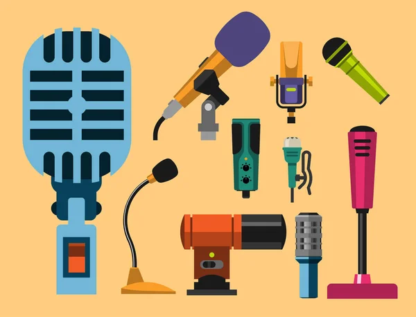 Různých mikrofonů typy ikony novinář vektorové rozhovor hudební vysílání vokální tv nástroj. — Stockový vektor