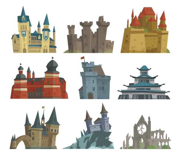 Γελοιογραφία παραμύθι κάστρο κλειδί-πέτρα παλάτι Πύργος εικονίδιο ουλώδης ιππότης μεσαιωνικής αρχιτεκτονικής κτίριο εικονογράφηση διάνυσμα. — Διανυσματικό Αρχείο