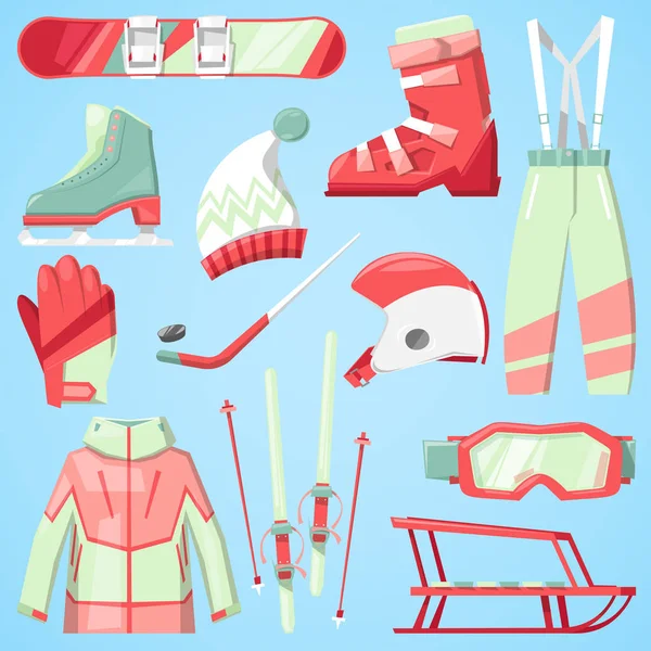 Zimní vektorové ikony sportu a oblečení sníh lyžařské, snowboardové helmy a desky, sáňkařská horská studené extrémních sportovců oblečení zábava aktivní zimní sportovní zboží sezóny ilustrace izolované na bílém — Stockový vektor