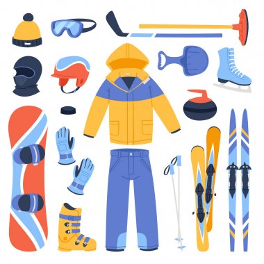 Kayak, snowboard kask ve yönetim kurulu, aşırı sporcular giyim etkin kış spor ürünler sezon illüstrasyon izole beyaz eğlenceli kızak dağ soğuk kış vektör giyim ve spor simgeleri kar