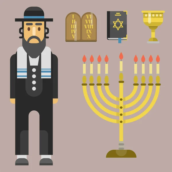 Judentum Kirche traditionelle Symbole isoliert Chanukka religiöse Synagoge Pessach hebräischen Charakter Jude Vektor Illustration. — Stockvektor