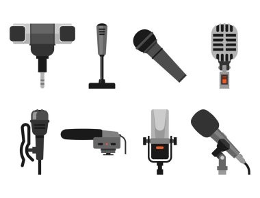 Farklı mikrofon türleri simgeler gazeteci vektör röportaj müzik yayın vokal aracı tv aracı.