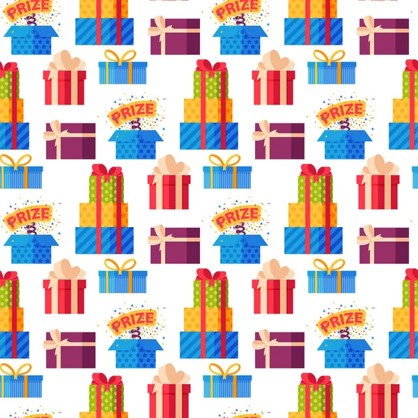 Cajas de regalo paquete composición evento saludo objeto cumpleaños patrón sin costuras vector de fondo ilustración . — Archivo Imágenes Vectoriales