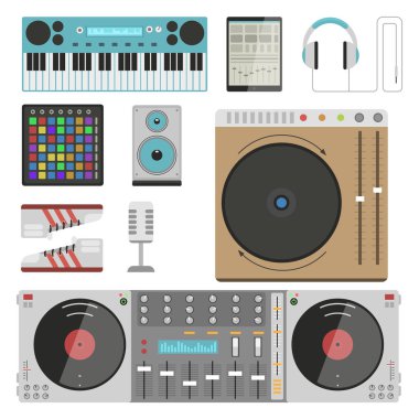 Hip hop Aksesuar müzisyen aletleri breakdance ifade rap müzik dj vektör çizim.