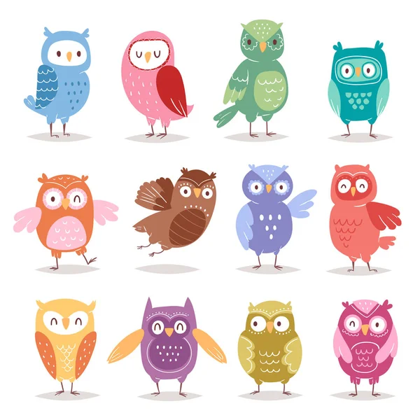 Gufi vettore cartone animato carino uccello set cartone animato gufo personaggio bambini animale baby art per bambini owlish collezione isolato su sfondo bianco — Vettoriale Stock
