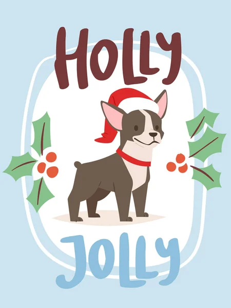Natal 2018 cão cartão vetor bonito desenho animado personagens de cachorro ilustração casa animais de estimação cachorrinho Xmas impressão design web banner celebrar em Santa Red Hat — Vetor de Stock